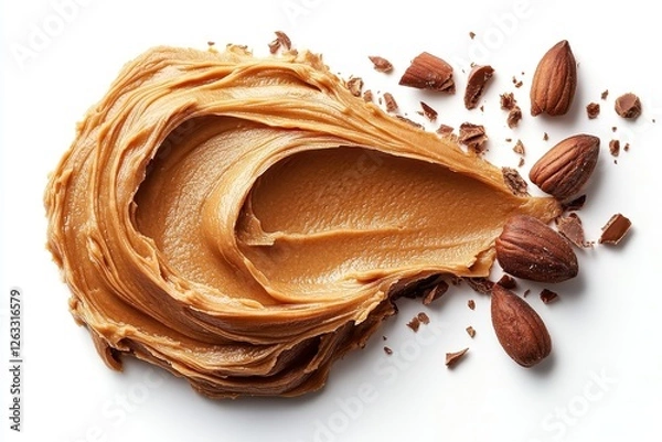 Obraz Creamy almond butter spread with crushed almonds on a white background, showcasing a delicious and healthy nut butter option perfect for snacks and recipes