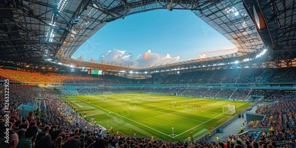 Fototapeta Exciting moment in a packed European soccer stadium during a thrilling match