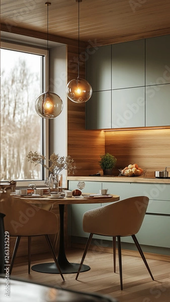 Fototapeta Modern Kitchen Design With Light Green Cabinetry and Elegant Lighting for a Cozy Dining Atmosphere in a Serene Setting. Generative AI