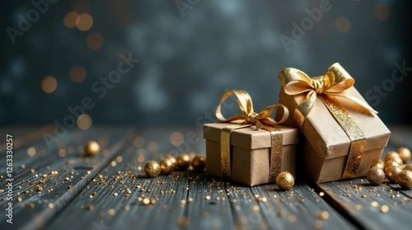Fototapeta Elegant kraft paper gift boxes adorned with shimmering gold ribbons, resting on a rustic wooden surface scattered with golden decorative spheres, creating a luxurious festive scene.