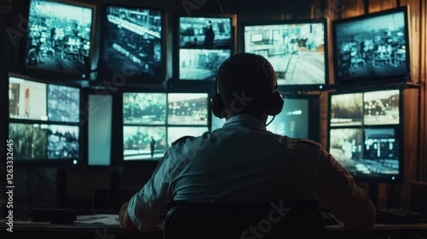 Obraz A surveillance operator sits at a desk, focused on various screens displaying live security feeds in a dark control room at night. The atmosphere is tense and vigilant