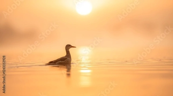 Fototapeta A lone swan silhouettes against the sunset's reflection on the tranquil lake water