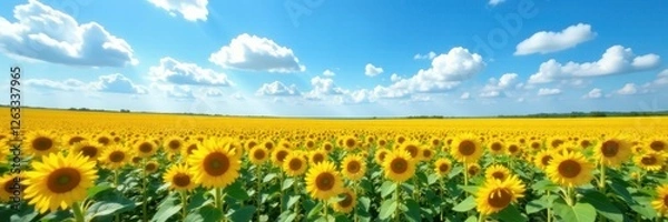Obraz Vast sunflower field, vibrant yellow blooms under a brilliant blue sky dotted with fluffy white clouds , serenity, rural, expansive