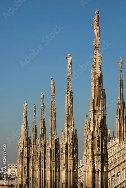Fototapeta Row of statues on the spires of Milan Cathedral