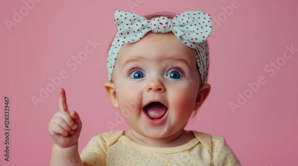 Fototapeta Little child with a polka-dotted headband shows delight while pointing joyfully to the left against a bright pink background