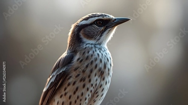 Fototapeta Brown avian bird of prey, a wild sparrow with a sharp beak, perches on a nature branch showing its brown feathers