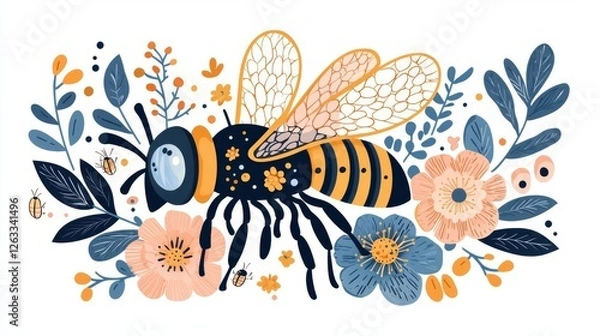 Fototapeta A vibrant illustration of a bee surrounded by colorful flowers and leaves.