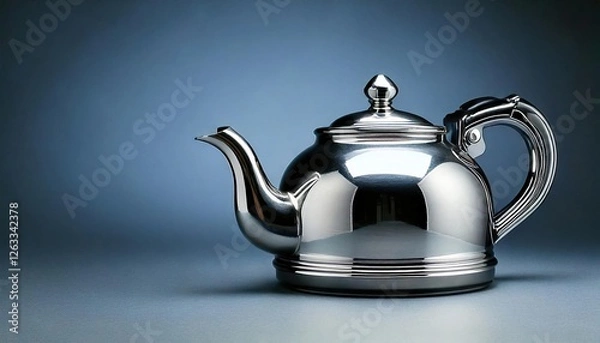 Fototapeta Enjoying a serene moment with a polished metal teapot on a soft blue background