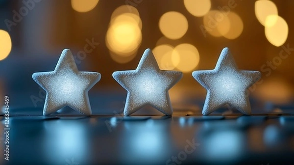 Fototapeta Three luminous white stars on a dark reflective surface with a bokeh background.