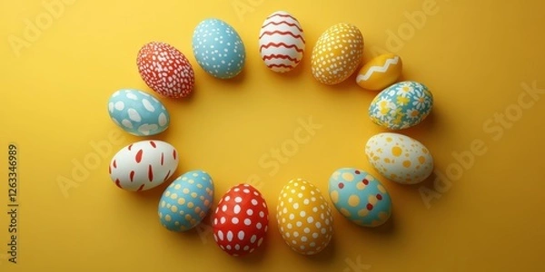 Fototapeta Colorful decorated eggs arranged in a circular pattern on a bright yellow background for Easter festivities