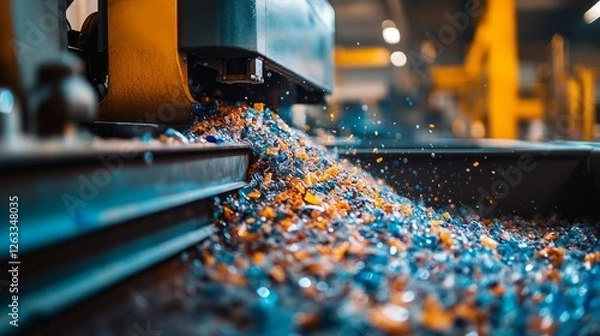 Obraz A granulator machine efficiently breaks down plastic waste in an industrial setting, producing colorful small granules ready for recycling.