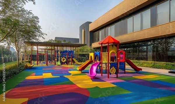 Fototapeta Colorful playground beside modern building, sunny day.