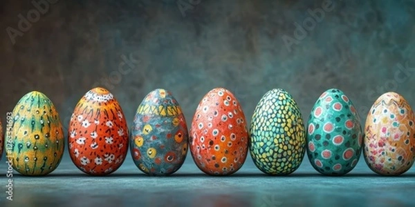 Fototapeta Colorful decorated eggs displayed in a row for a festive celebration with intricate designs and vibrant hues