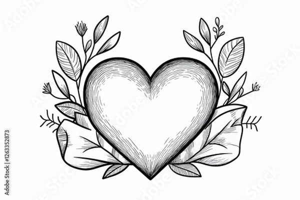 Fototapeta A heart is surrounded by leaves and a ribbon for decoration on white background. Generative AI