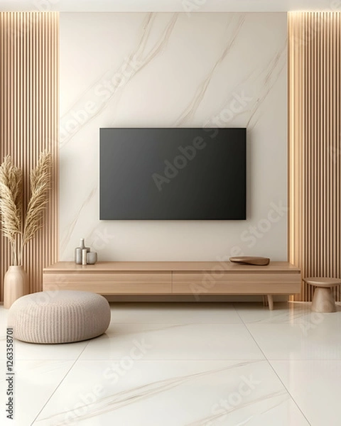 Fototapeta Living room with TV, beige walls and sofa, for real estate marketing use. Generative AI