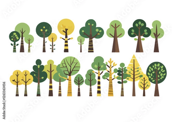 Fototapeta Trees set in Scandinavian kids style.Flat Vector Trees for Design elements with leaves, branches and trunks. Doodle naive forest plants. Diverse Set of Stylized Tree Illustrations in Flat Vector Style