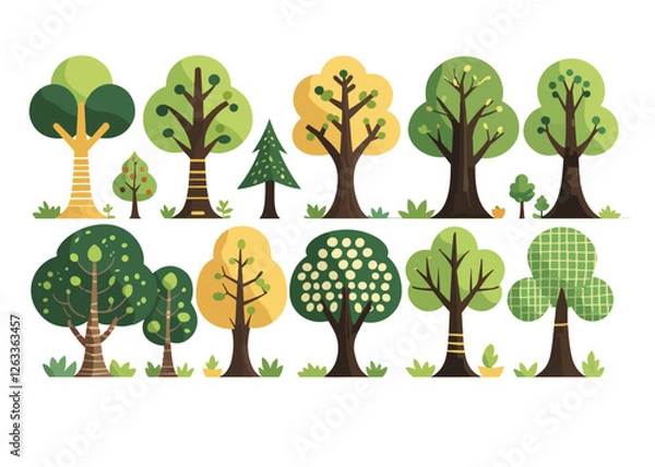 Obraz Trees set in Scandinavian kids style.Flat Vector Trees for Design elements with leaves, branches and trunks. Doodle naive forest plants. Diverse Set of Stylized Tree Illustrations in Flat Vector Style