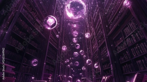 Fototapeta Magical library featuring books floating orbs and purple lighting