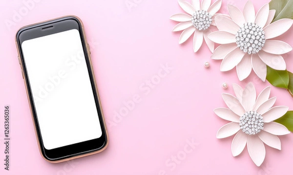 Fototapeta Elegant smartphone mockup on soft pink background adorned with beautiful artificial flowers and decorative pearls for creative projects and social media designs