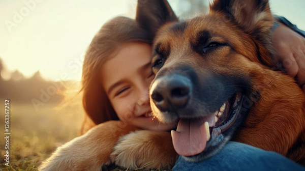 Fototapeta A joyous child hugs a smiling dog, capturing a beautiful moment in nature during sunset, evoking warmth, happiness, and the bond between pets and their owners.