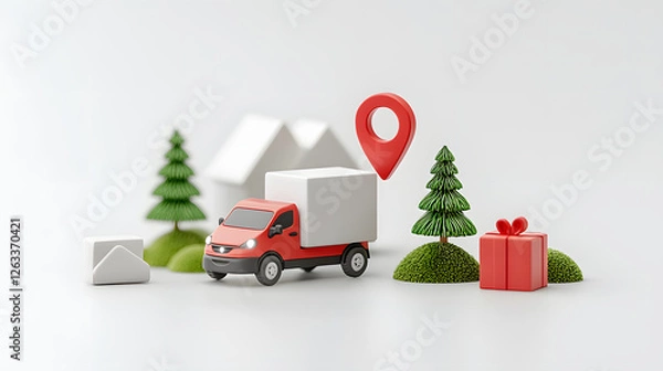 Obraz colorful delivery truck surrounded by trees, gifts, and houses symbolizes logistics and transportation. This playful scene captures essence of delivery services and holiday cheer