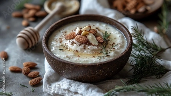 Fototapeta Creamy almond dessert served in a rustic bowl with honey drizzle and garnishes, captured in natural light at a cozy kitchen setting