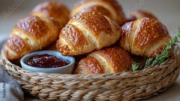 Fototapeta Freshly baked croissants served with jam in a woven basket on a rustic table