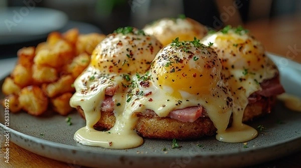 Fototapeta Delicious eggs benedict served with crispy potatoes in a cozy brunch setting