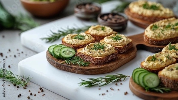 Fototapeta Tasty and colorful appetizer spread with hummus, herbs, and crunchy vegetables on a wooden serving board