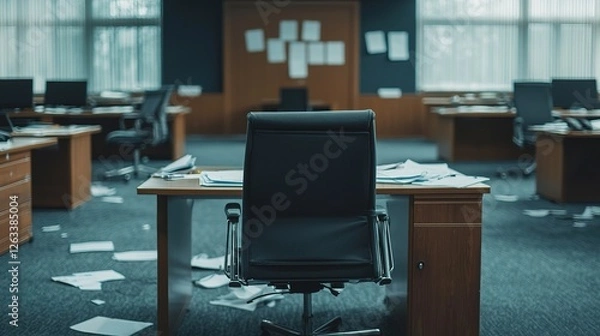 Fototapeta Desolate urban corporate office abandoned spaces with empty desks and chairs in gigapixel detail