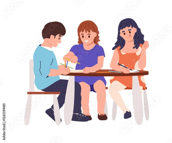 Fototapeta Little boy and girls, kindergarten child painting. Happy cute kids drawing on paper at table. Preschool toddlers with pencils. Vector illustration isolated on white background