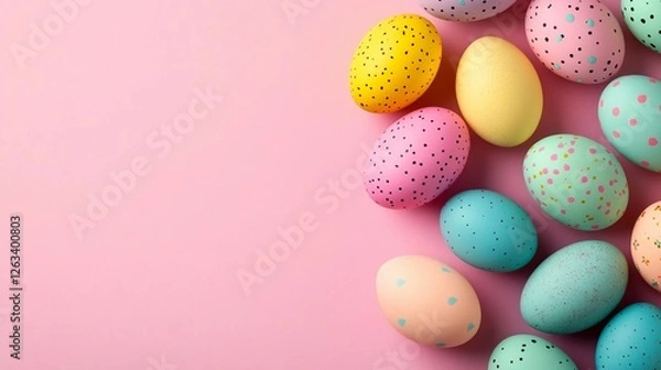 Fototapeta Colorful decorated Easter eggs arranged on a soft pink background for spring celebrations and festive activities