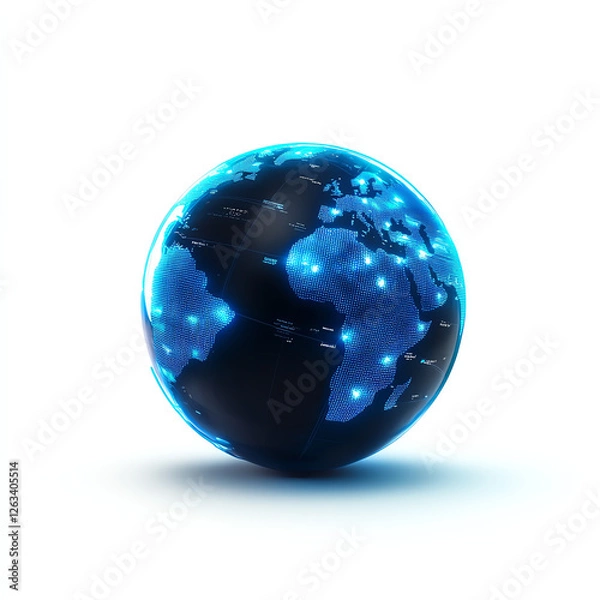 Fototapeta A stunning 3D rendering of a glowing globe highlighting continents with bright blue lights, symbolizing connectivity and the digital world, perfect for technology and global themes