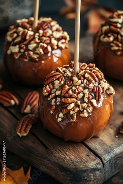 Fototapeta Three Caramel Apples with Pecans on Wood