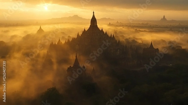 Fototapeta Ancient Temples Enveloped In Golden Sunrise Mist