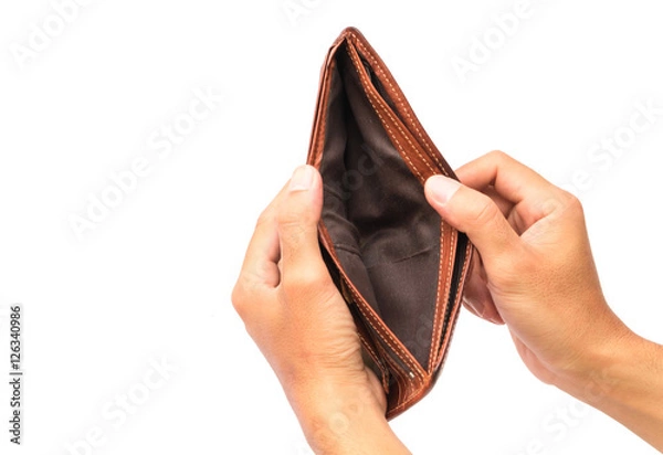 Fototapeta Man hand open an empty wallet on white background
