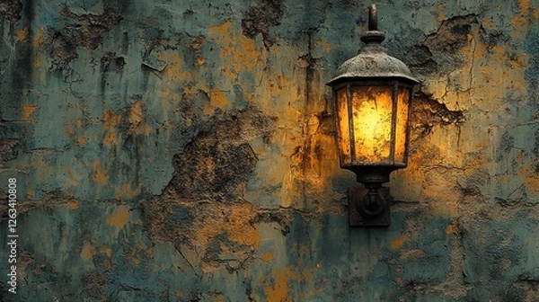 Fototapeta Glowing antique lamp on a weathered wall.