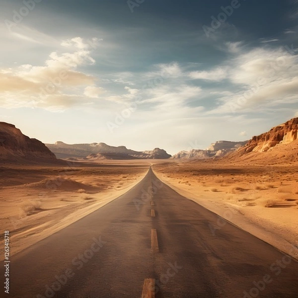 Fototapeta A long road in the desert with a few clouds in the sky