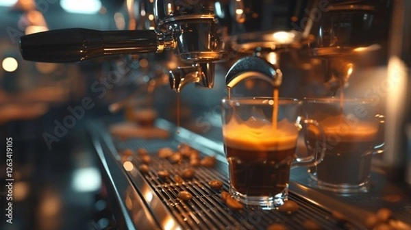 Fototapeta A coffee machine with a glass of coffee pouring out of it