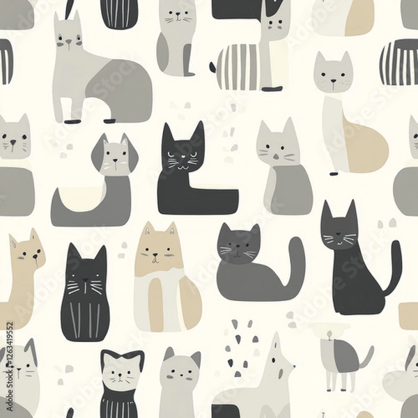 Fototapeta A minimalist pet illustration with simple, geometric shapes of cats, dogs, and bunnies in neutral tones like gray, white, and beige. The sleek design adds a modern and sophisticated touch to the look.