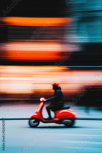 Fototapeta Experience the Thrill of Urban Motion on a Red Scooter: A Dynamic Journey Through City Streets Captured in Vivid Color and Motion Blur, Symbolizing Freedom and Adventure.