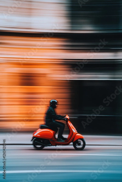 Obraz Experience the Thrill of Urban Transport: A Vibrant Red Scooter in Motion Through the City Streets Capturing the Essence of Modern Adventure and Speed
