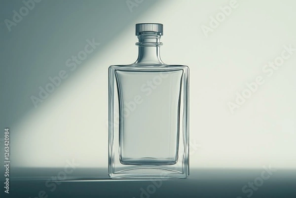 Fototapeta A minimalist glass bottle with a sleek design, casting soft shadows, perfect for showcasing beverages or decorative purposes.
