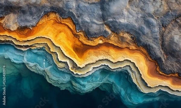 Fototapeta Aerial View of Geothermal Landscape with Vibrant Colors and Layered Textures