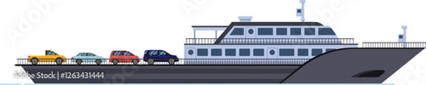Fototapeta Ferry boat transporting cars across a scenic waterway, providing a convenient travel option for both vehicles and passengers while navigating the open sea or river