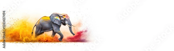 Fototapeta Indian Festival of Colors Holi. Elephant in multicolored powder on a background of colored powder. Colorful rainbow paint, explosion, splash of multicolored powder. Banner. Copy space
