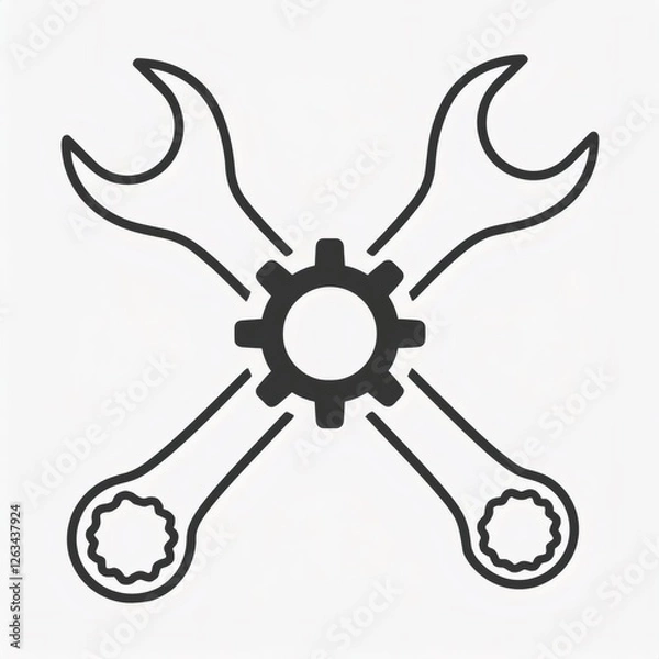 Obraz Two crossed wrenches and gear representing technical support, maintenance and repair services