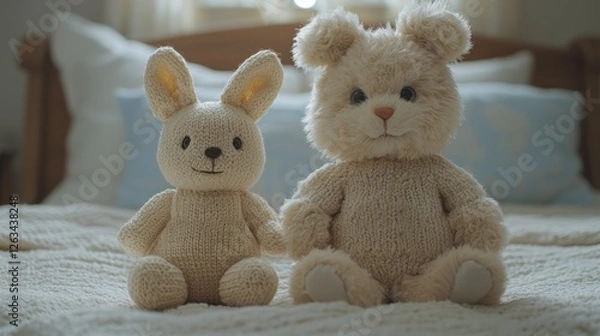 Fototapeta Two adorable knitted toy animals, a rabbit and a bear, sit together on a bed.