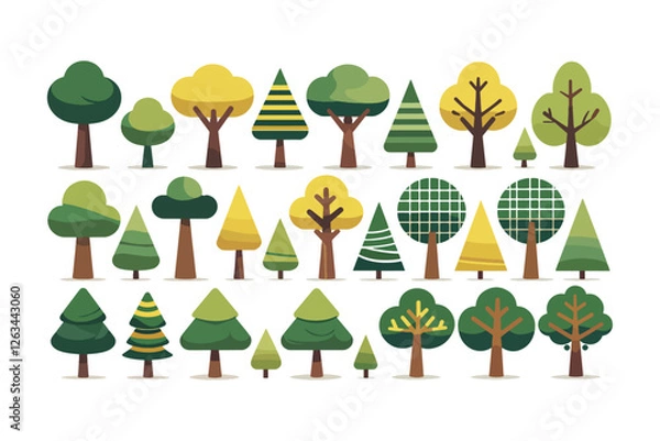 Obraz Trees set in Scandinavian kids style.Flat Vector Trees for Design elements with leaves, branches and trunks. Doodle naive forest plants. Diverse Set of Stylized Tree Illustrations in Flat Vector Style