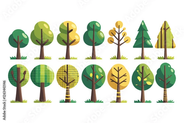 Obraz Trees set in Scandinavian kids style.Flat Vector Trees for Design elements with leaves, branches and trunks. Doodle naive forest plants. Diverse Set of Stylized Tree Illustrations in Flat Vector Style